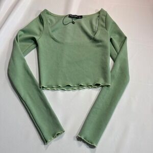 Cottagecore Fairy Minimalist Sage Green Ribbed Lettuce Edge Sz 0 Nasty Gal Crop